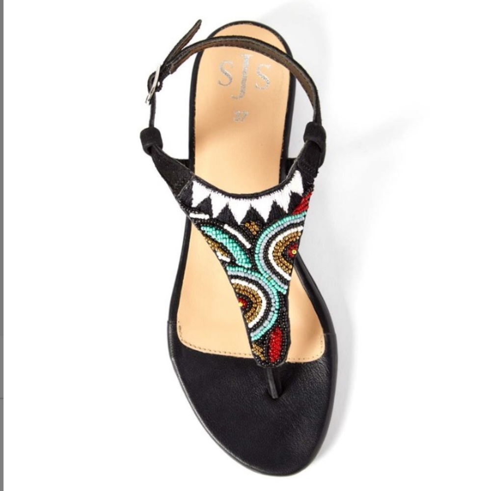 NEW S.J.S. Beverly Hill’s Black Beaded T-Strap Leather Sandals Women’s EU 36